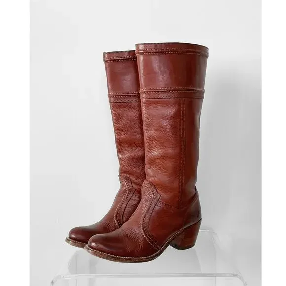 FRYE Jane Stitch Dark Brown Redwood Leather Riding Boots 77230 (8.5) - Picture 1 of 12